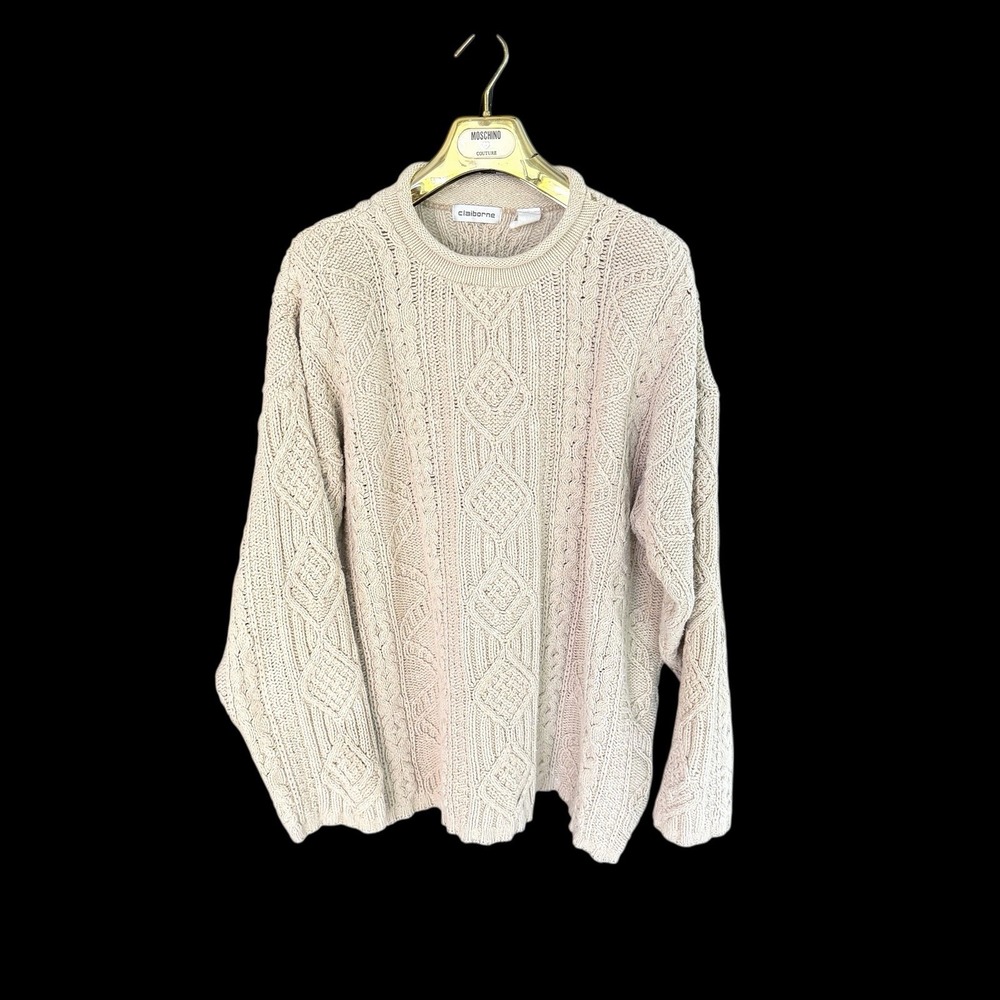 Claiborne Sweater‎ L/XL Vintage Cable Knit Cotton Fisherman USA Made *hole